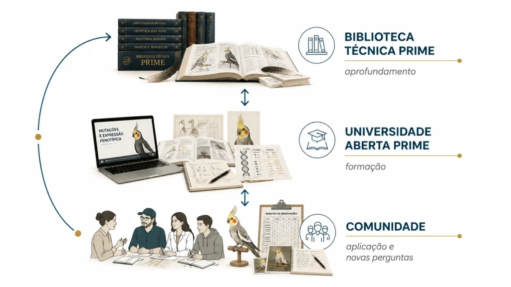 Livros e materiais técnicos sobre psitacídeos representando a organização e preservação do conhecimento na Biblioteca Técnica PRIME.