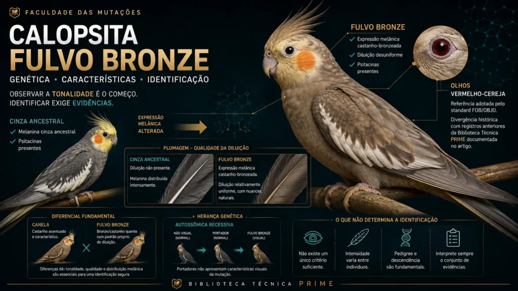 Calopsita Fulvo Bronze com plumagem castanho-bronzeada e olho vermelho-cereja