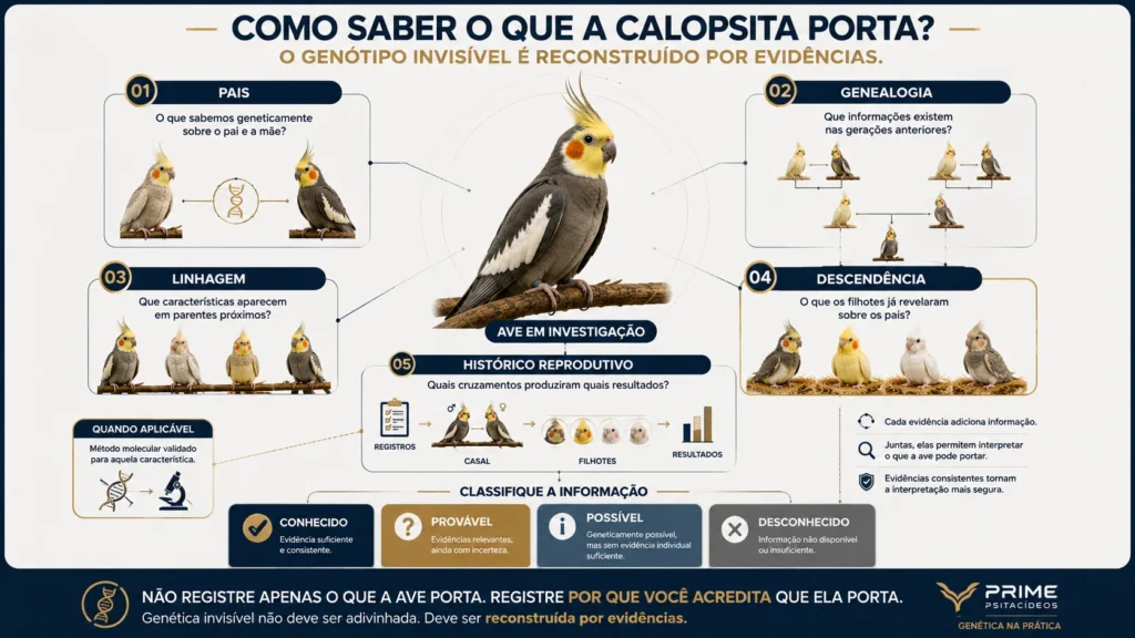 Infográfico mostrando como pais, genealogia, linhagem, descendentes e histórico ajudam a saber o que uma calopsita porta