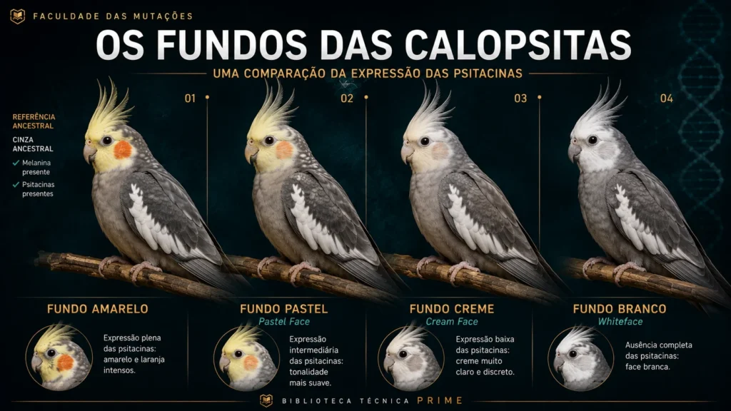 Comparação dos fundos Amarelo, Pastel, Creme e Branco em calopsitas