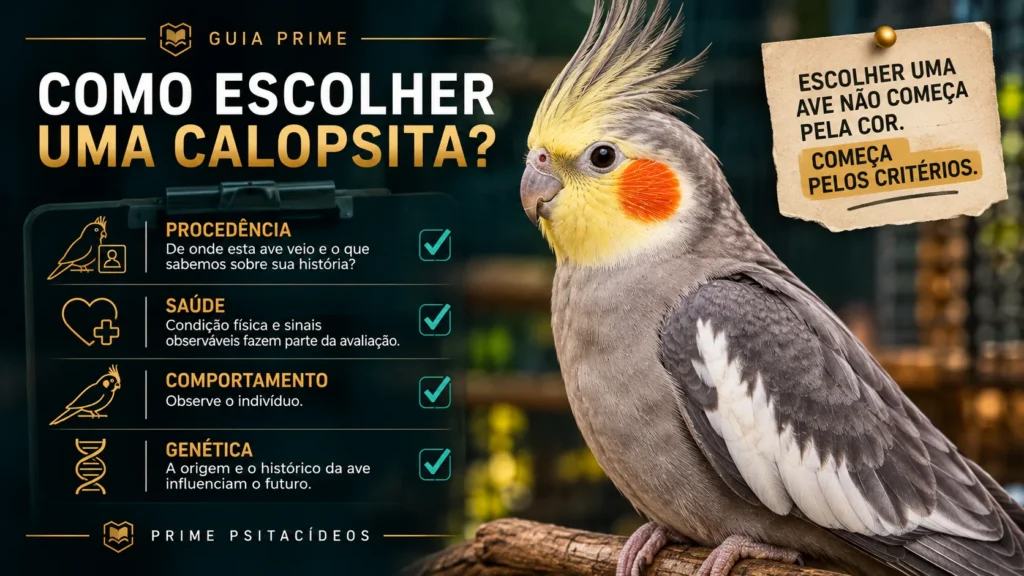 Calopsita saudável em guia de avaliação para escolha responsável de uma ave