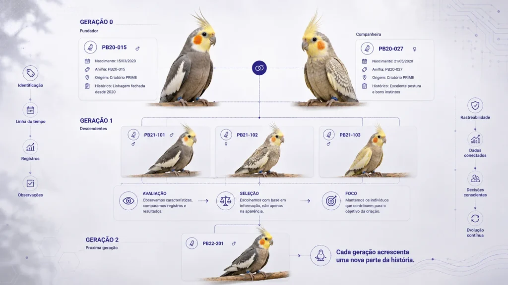 Evolução do plantel entre gerações com genealogia, descendência, avaliação e seleção de aves