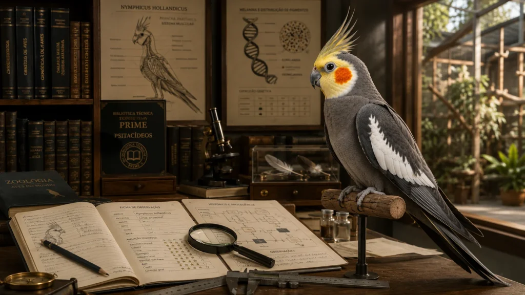 Calopsita Cinza ancestral em ambiente científico com livros e elementos de estudo, representando a PRIME Psitacídeos.