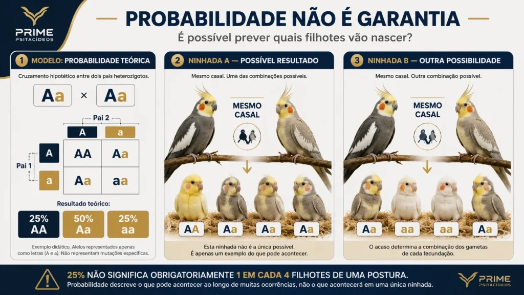 Infográfico mostrando que probabilidades genéticas em cruzamentos de calopsitas não garantem o resultado de cada ninhada