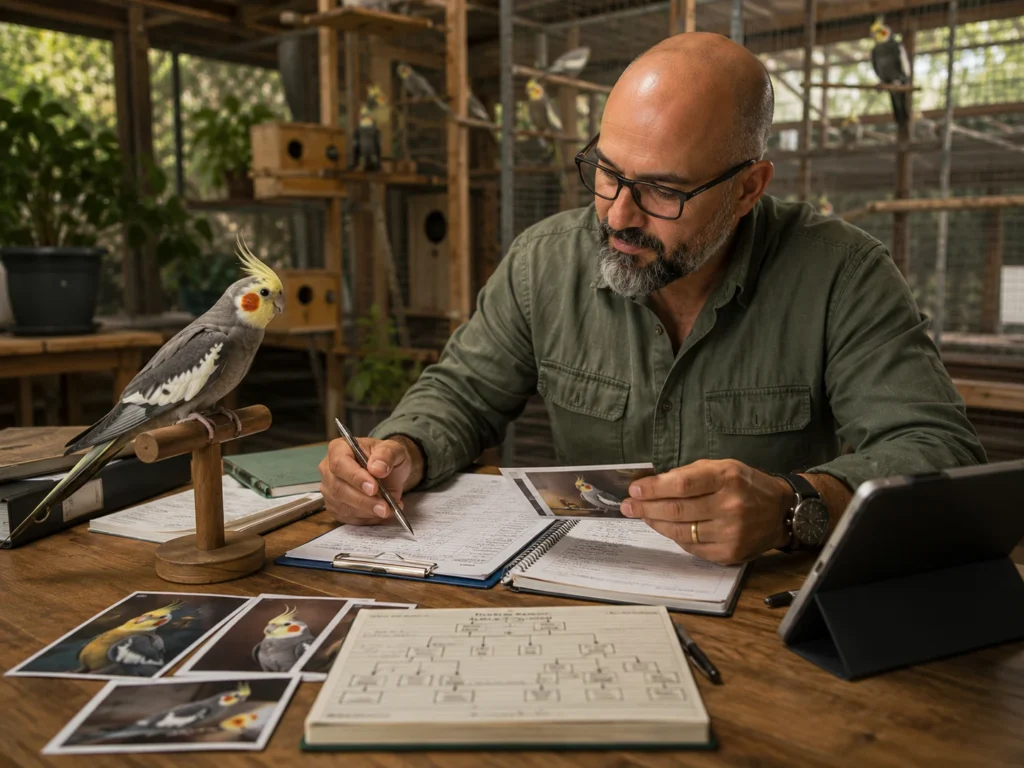 Criador analisando aves e registros de plantel para planejamento e tomada de decisões na criação de psitacídeos.