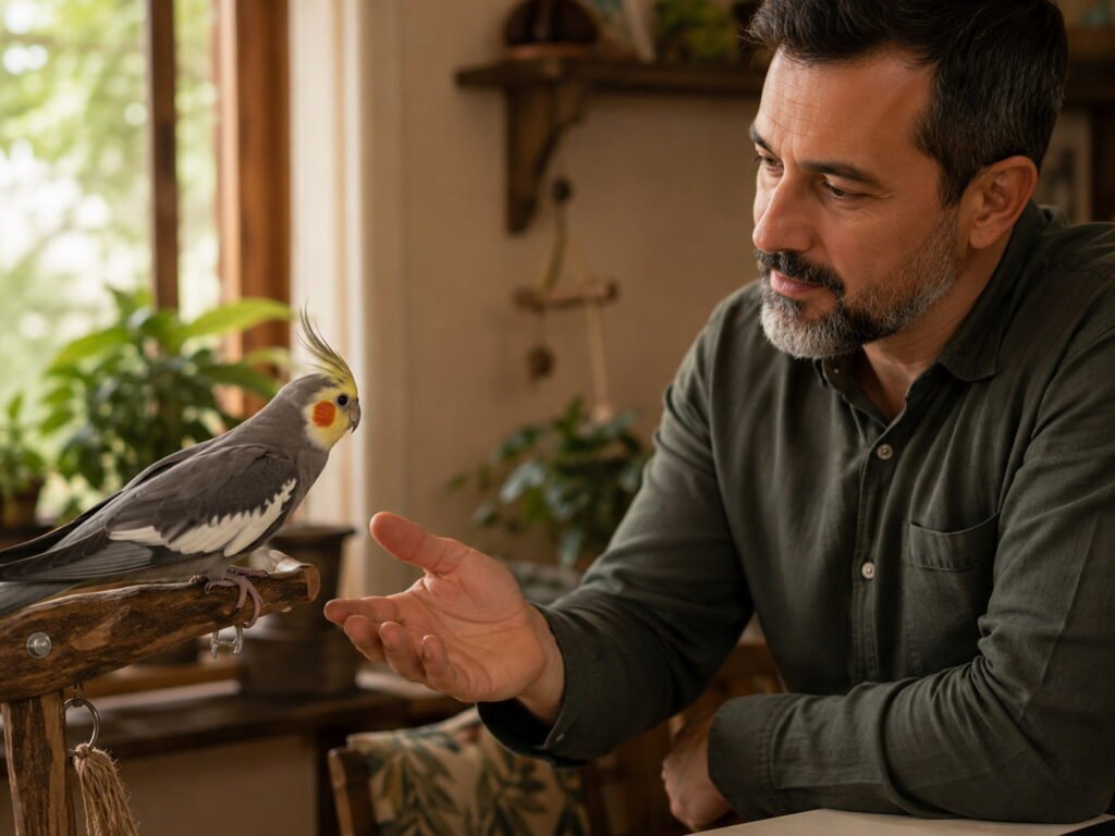 Tutor observando o comportamento de uma calopsita durante interação espontânea e respeitosa.