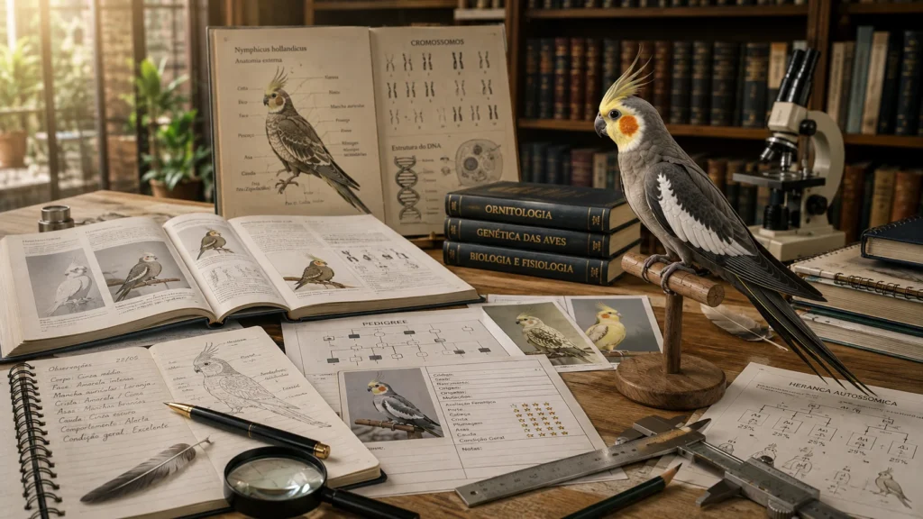 Calopsita Cinza ancestral em biblioteca científica com livros, ilustrações anatômicas e elementos de genética, representando a Universidade Aberta Prime.