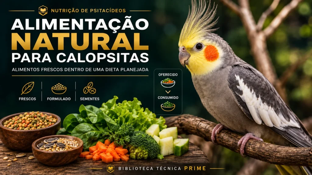 Calopsita com vegetais, alimentos frescos e outros componentes de uma dieta planejada