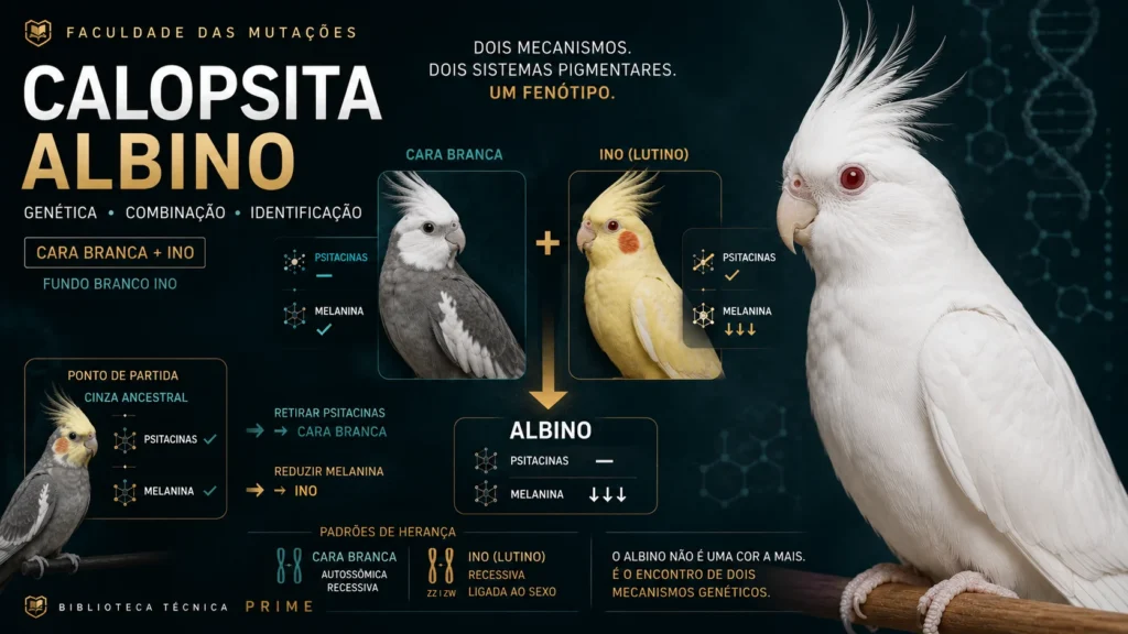 Calopsita Albino com plumagem branca, olhos vermelho-rubi, bico claro e ausência de manchas alaranjadas