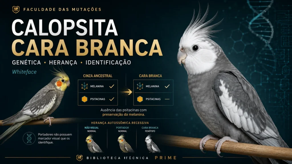 Calopsita Cara Branca macho adulto com máscara branca, plumagem cinza e olhos escuros