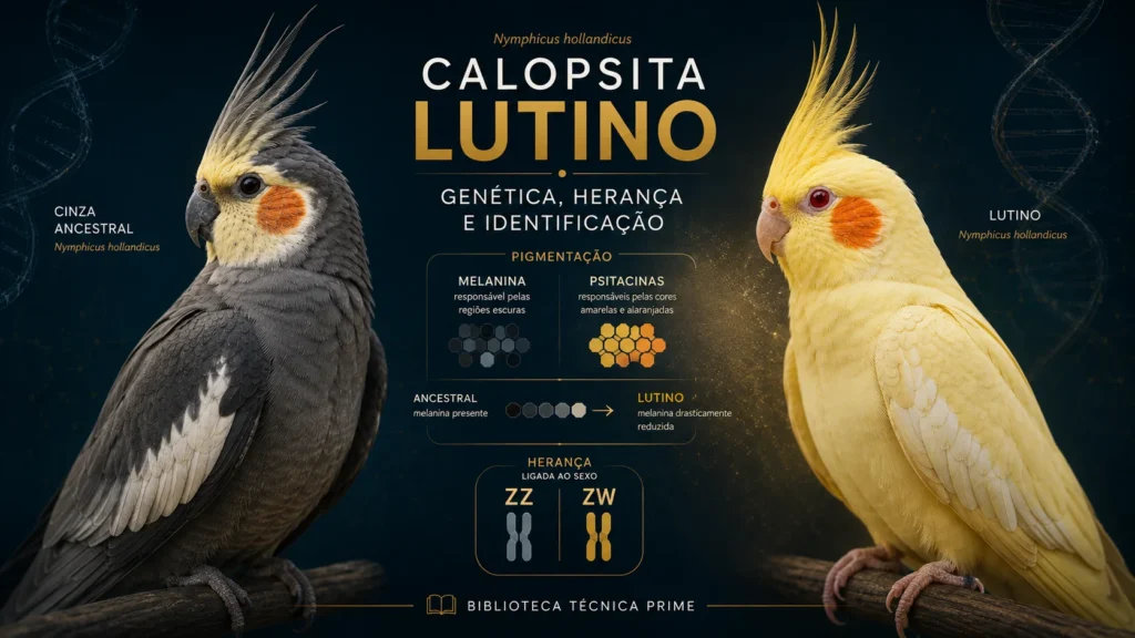 Calopsita Lutino com plumagem amarela, olhos vermelho-rubi, bico claro e manchas auriculares alaranjadas