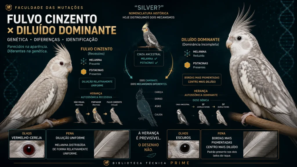Comparação entre calopsita Fulvo Cinzento e Diluído Dominante Simples Fator e Duplo Fator