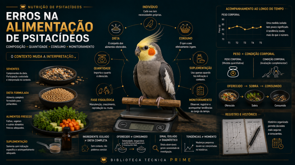 Psitacídeo cercado por diferentes alimentos usados na alimentação de aves