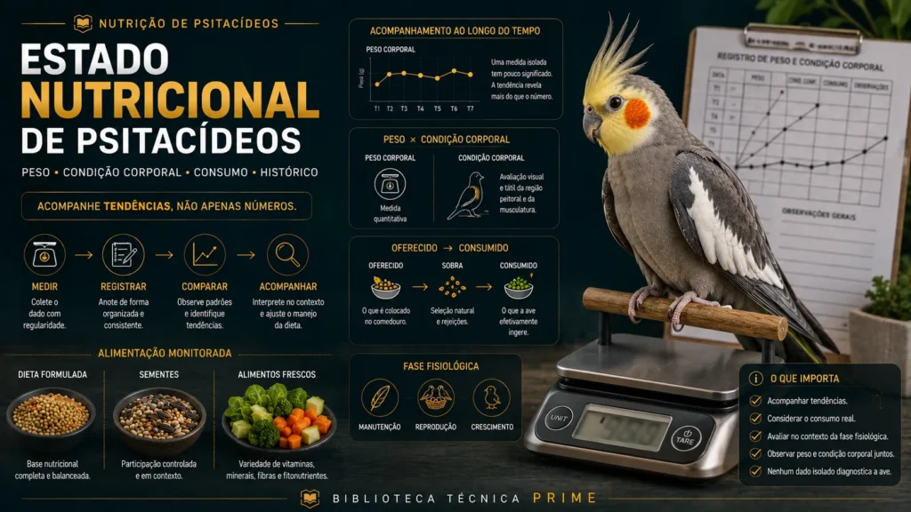 Psitacídeo em balança durante monitoramento de peso e condição corporal