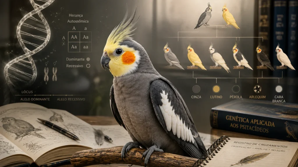 Calopsita cinza com elementos visuais de genética representando o guia genético das calopsitas da PRIME Psitacídeos