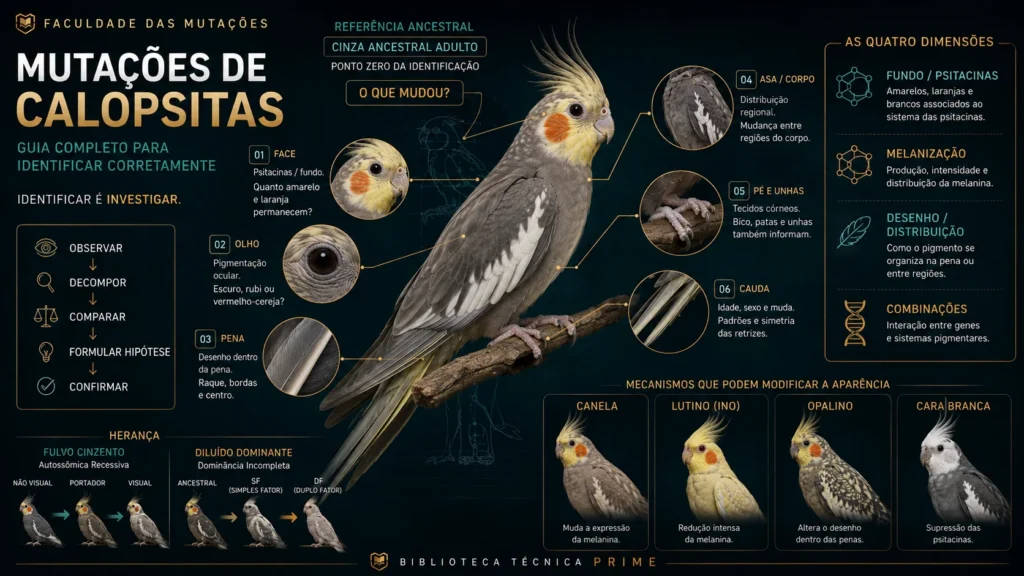 Comparação visual de diferentes mutações de calopsitas para identificação de plumagem e pigmentação