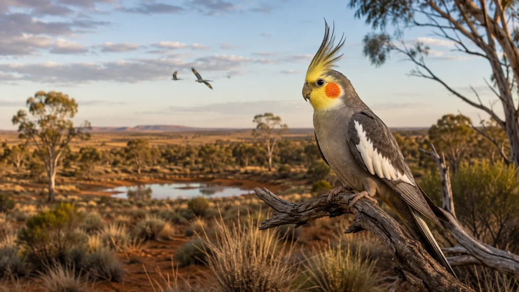 Calopsita Cinza ancestral Nymphicus hollandicus em ambiente natural australiano