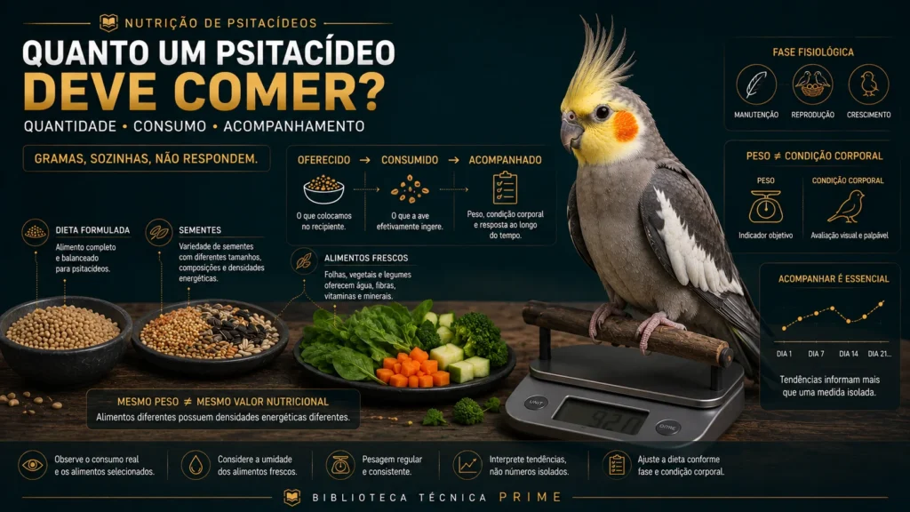 Calopsita em balança com diferentes tipos de alimento para controle da quantidade ingerida
