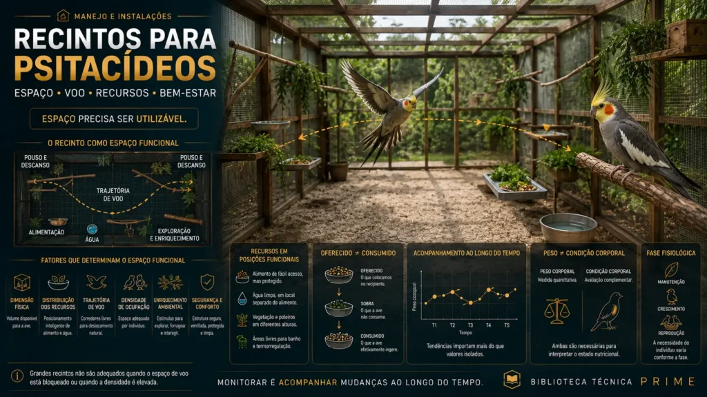 Psitacídeos em viveiro planejado com espaço para voo, poleiros e diferentes áreas funcionais