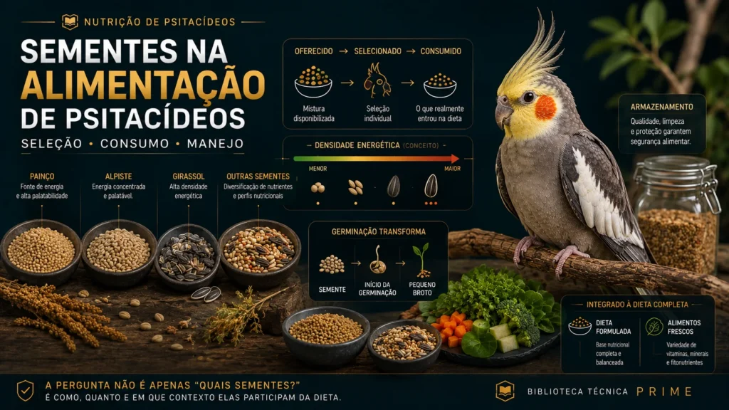 Psitacídeo próximo a diferentes sementes utilizadas como parte da alimentação