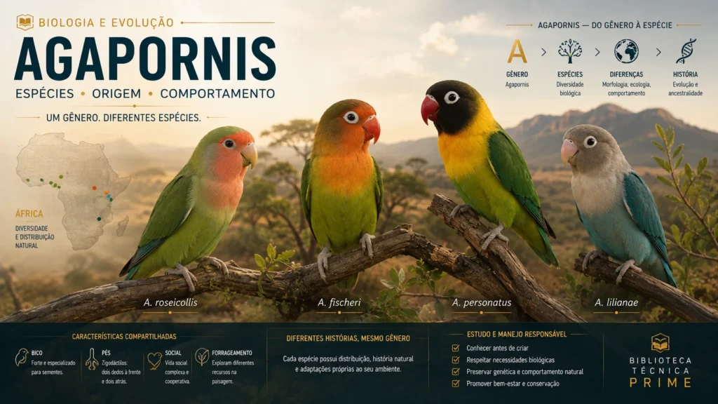 Diferentes espécies de Agapornis representando a diversidade do gênero