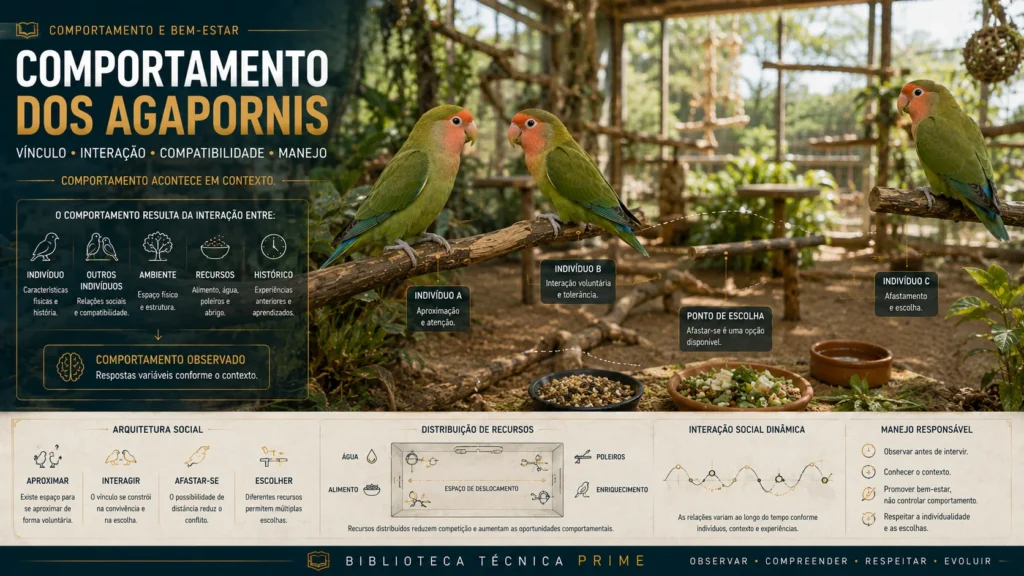 Agapornis interagindo em recinto com espaço para aproximação e afastamento social