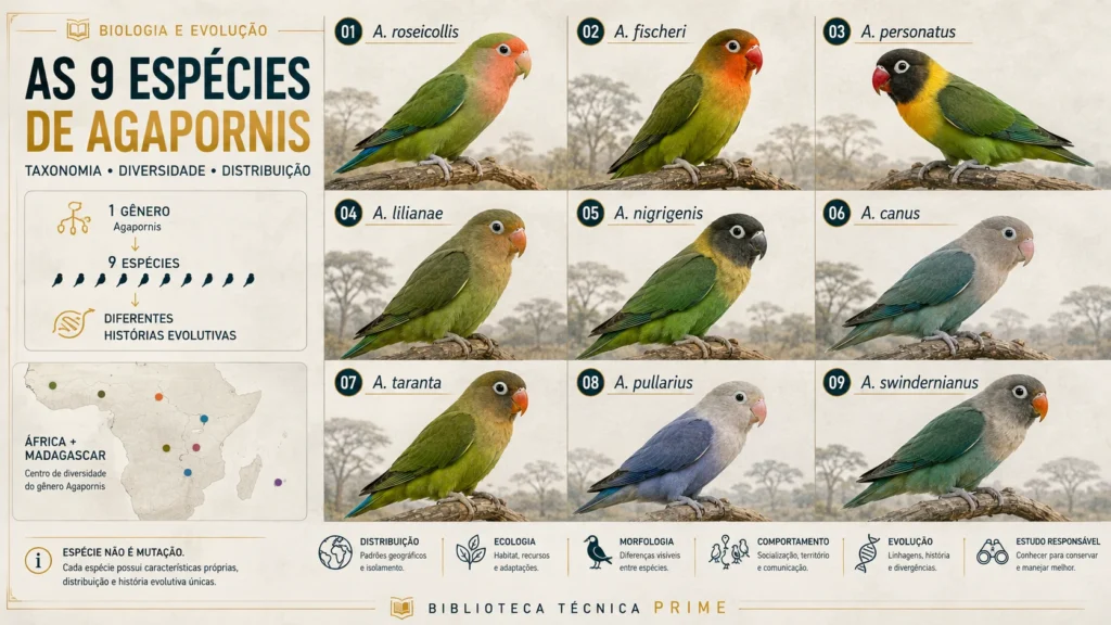 Diferentes espécies de Agapornis em seus fenótipos ancestrais