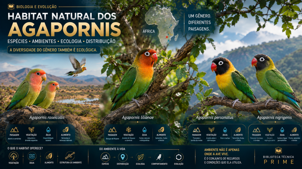 Agapornis em diferentes habitats naturais representando a diversidade ecológica do gênero