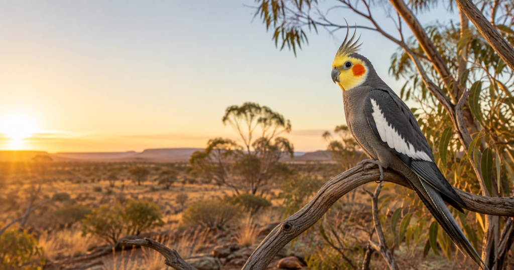 Calopsita Cinza ancestral em ambiente australiano representando a origem natural da espécie.