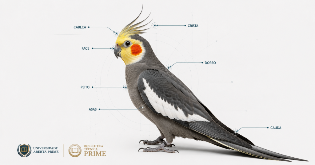 Calopsita Cinza ancestral com marcações indicando as principais regiões anatômicas utilizadas na identificação do padrão fenotípico.