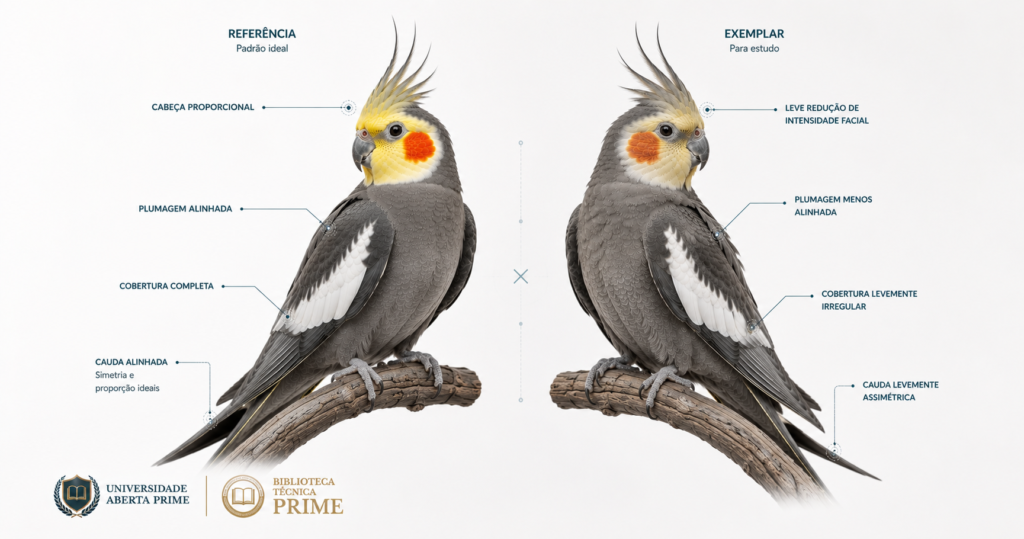 Comparação entre uma calopsita Cinza próxima ao padrão ideal e outra apresentando desvios fenotípicos para fins de estudo.