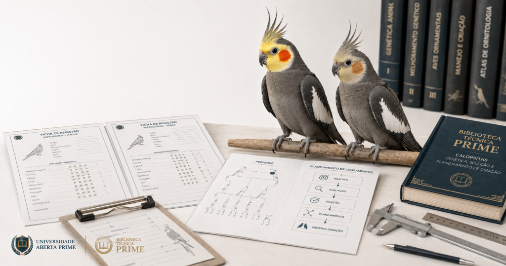 Casal de calopsitas Cinza acompanhado de fichas de registro e esquema de planejamento para ilustrar a organização de um programa de criação.