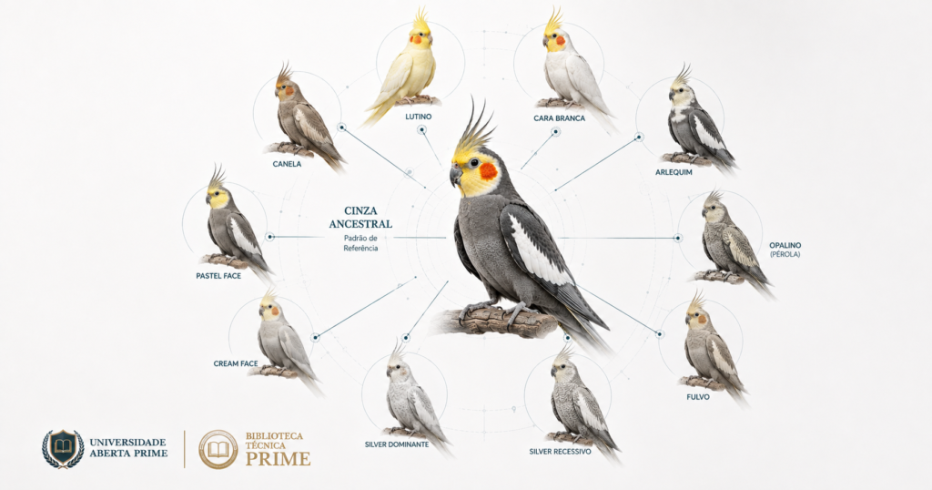 Calopsita Cinza ancestral ao centro, cercada por diferentes mutações de calopsitas, ilustrando o padrão ancestral como referência para o estudo da diversidade fenotípica.
