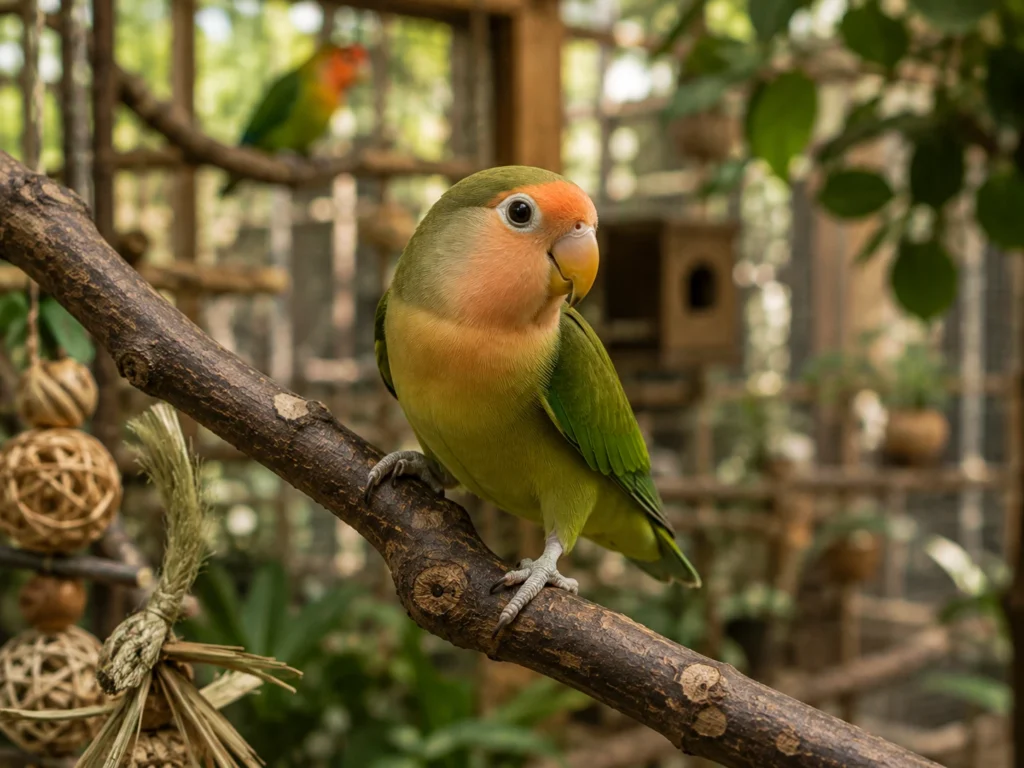 Agapornis saudável explorando ambiente enriquecido, representando atividade, curiosidade e manejo responsável na PRIME Psitacídeos.