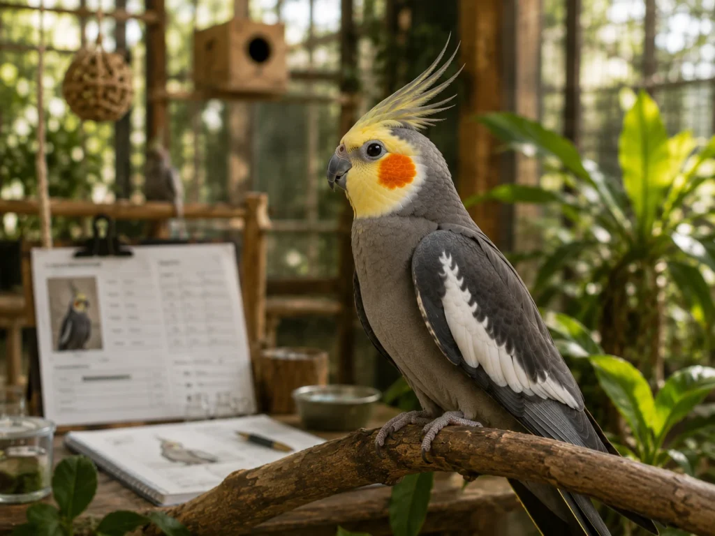 Calopsita saudável em ambiente naturalizado de criação, representando convivência, observação, genética e manejo responsável na PRIME Psitacídeos.