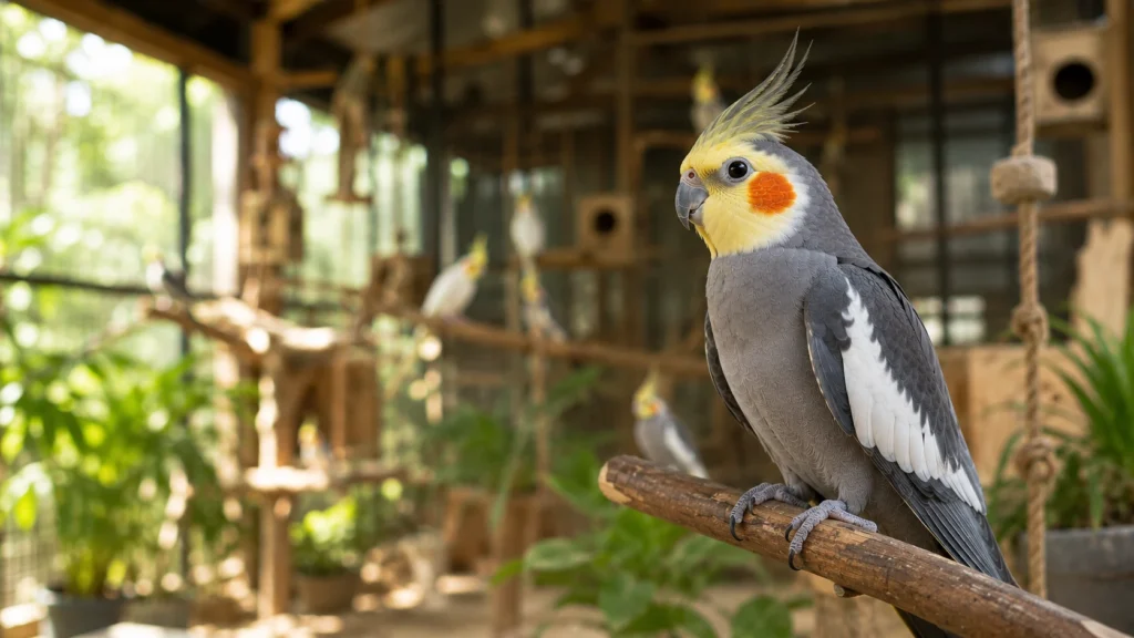 Calopsita saudável em poleiro natural no Criatório PRIME Psitacídeos, representando criação responsável e escolha consciente de aves.