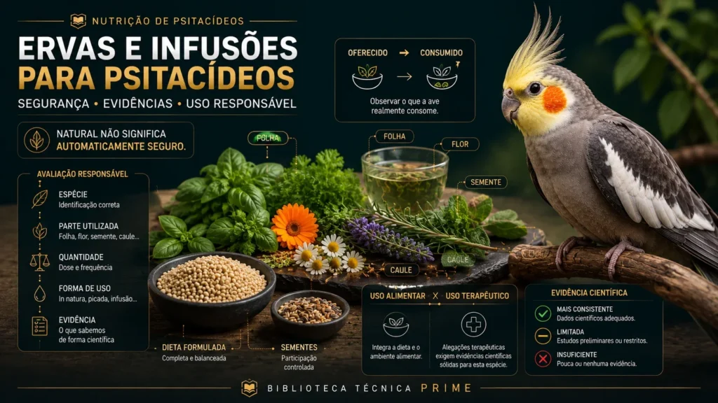 Psitacídeo próximo a diferentes ervas utilizadas na alimentação de aves