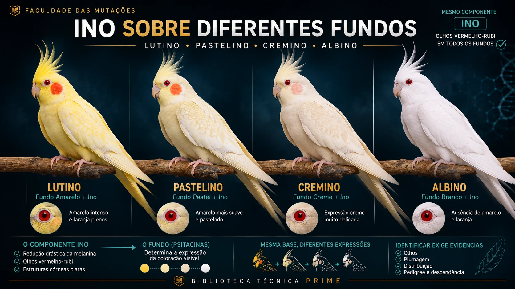 Ino em Calopsitas: Lutino, Pastelino, Cremino e Albino