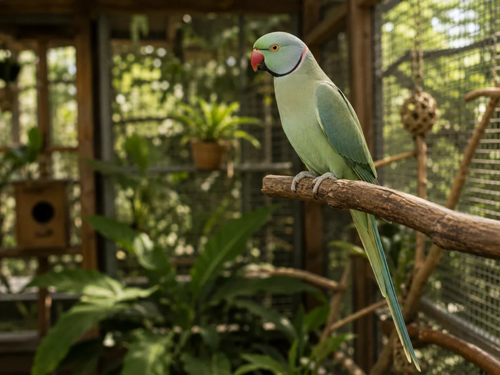 Ringneck saudável em ambiente naturalizado, representando inteligência, individualidade e convivência responsável na PRIME Psitacídeos.