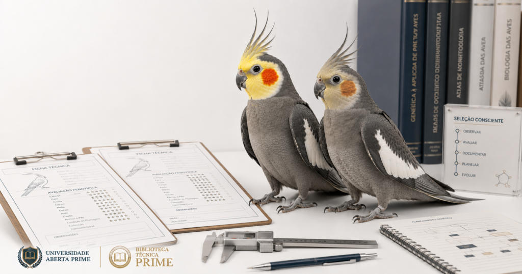 Casal de calopsitas Cinza utilizado para ilustrar critérios técnicos de seleção de reprodutores em programas de criação.